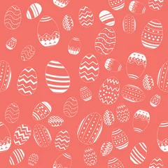 Tafelkleed Decorative Draw Easter Eggs Seamless Pattern Vector on Living Coral Color Background © CDPiC