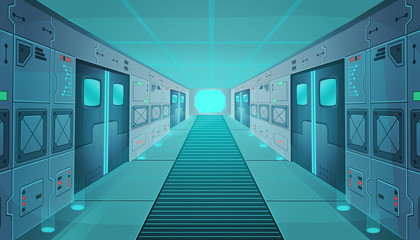 Corridor in a spaceship.Vector cartoon background interior room sci-fi spaceship. Background for games and mobile applications. © NADEZHDA