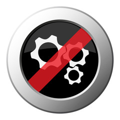 three cogwheel, ban round metal button, white icon