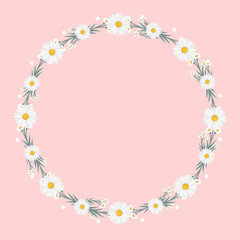 Floral greeting card and invitation template for wedding or birthday anniversary, Vector circle shape of text box label and frame, Chamomile flowers wreath ivy style with branch and leaves.