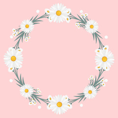 Floral greeting card and invitation template for wedding or birthday anniversary, Vector circle shape of text box label and frame, Chamomile flowers wreath ivy style with branch and leaves.