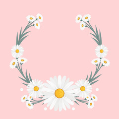 Floral greeting card and invitation template for wedding or birthday anniversary, Vector circle shape of text box label and frame, Chamomile flowers wreath ivy style with branch and leaves.