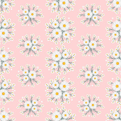 Floral vector artwork for apparel and fashion fabrics, Chamomile flowers wreath ivy style with branch and leaves. Seamless patterns background.