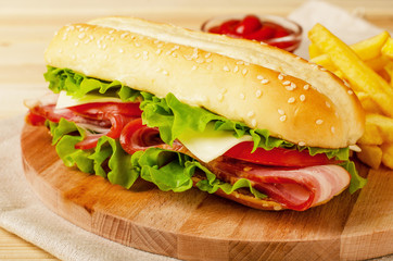 Homemade italian sub sandwich with bacon