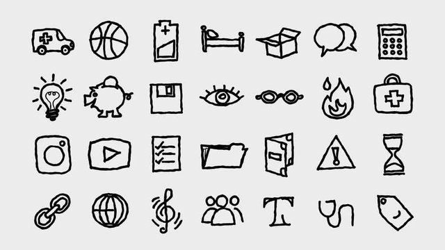 Freehand Icons Toolkit 2. Second set of hand drawn icons with 56 small icons being revealed. There are 2 sets of 28 icons, approximately 15 seconds each set.