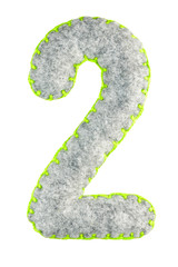 Number 2. Hand made number Two from grey felt isolated on white background. Set of numbers from...