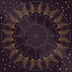 Elegant golden element of stylized leaves with smooth lines. A rhomboid ornamental floral pattern.