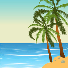Tropical landscape. Sea landscape. Summer background. Palm trees silhouette. Vector illustration