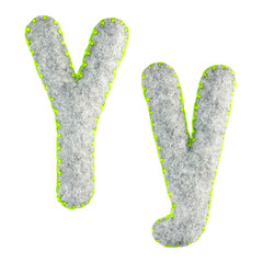 The letter Y of the Latin alphabet isolated on a white background. The main and upper letter of the alphabet of gray felt. Soft font with rounded edges for use in design