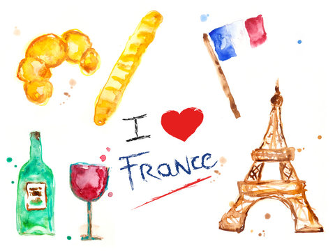 Set aquarelle watercolor France collection with pastry, baguette, flag, tower and wine