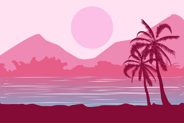 Fototapeta na wymiar Tropical landscape. Sea landscape. Summer background. Palm trees silhouette. Vector illustration