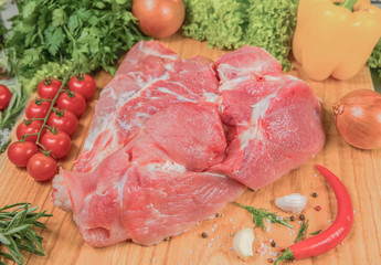 Juicy raw meat, beef entrecote on black background, top view