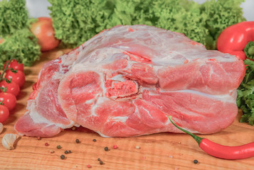 Juicy raw meat, beef entrecote on black background, top view
