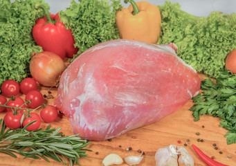 Juicy raw meat, beef entrecote on black background, top view