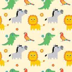 Seamless pattern with cute cartoon african animals. Zebra, parrot, crocodile, lion. Vector illustration in childrens style.