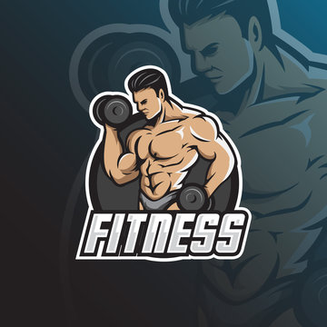 fitness vector mascot logo design with modern illustration concept style for badge, emblem and tshirt printing. fitness illustration with barbell in hand.