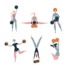 Team of 6 cheerleader girls dancing with pom poms, vector