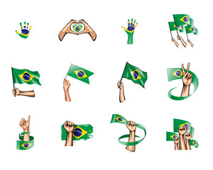 Brazil flag and hand on white background. Vector illustration