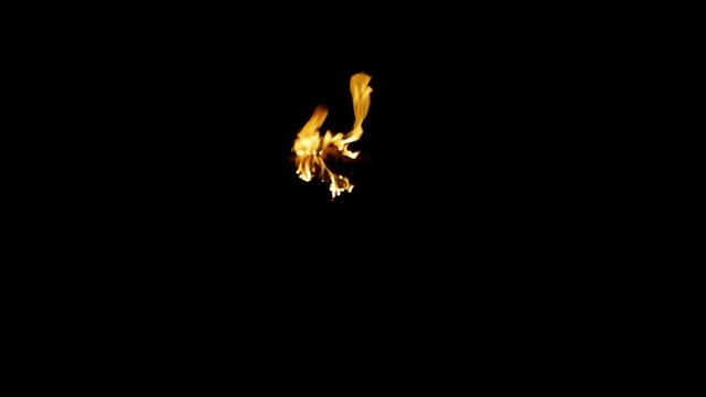 A close up of a flame which is surrounded by completed pitch black darkness. The fire is on the end of a stick that's being held and moved around, it burns with great force as embers leak from the tip