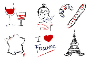 Set icons France with glass of red wine, parisian girl, pastry, croissant, baguette, map of France, text and tour