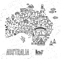 Map of the Australia and Travel Icons. Australia Travel Line Icons Map.