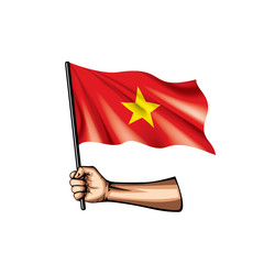 Vietnam flag and hand on white background. Vector illustration