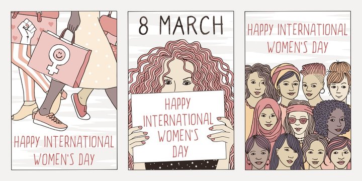 Set of three hand drawn posters or postcards for international women's day, showing portraits of diverse women