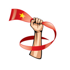 Obraz premium Vietnam flag and hand on white background. Vector illustration