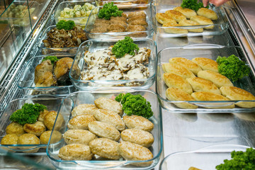 Top view of freshly prepared delicious Mediterranean dishes assorted in the restaurant, buffet
