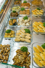 Top view of freshly prepared delicious Mediterranean dishes assorted in the restaurant, buffet