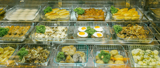 Top view of freshly prepared delicious Mediterranean dishes assorted in the restaurant, buffet