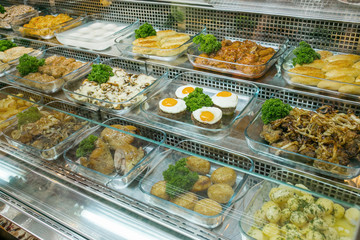 Top view of freshly prepared delicious Mediterranean dishes assorted in the restaurant, buffet