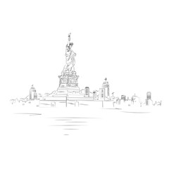 Hand drawn sketch of Statue of Liberty holds torch in USA. Symbol of Independence. Outline illustration. New York landmark