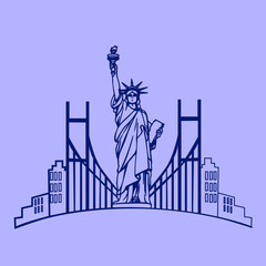 New York city skyline with Statue of Liberty, in purple tone. Hand drawn picture. Abstract illustation. USA poster. Vector