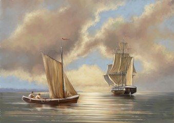 Paintings sea landscape, fine art, old ship on the sea