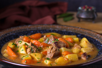 Irish beef and stout stew. View from above, top studio shot