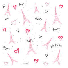 Picture of pink Eirffel towers, hearts and French words isolated over white background can be used for your design for St Valentines Day. France, Paris