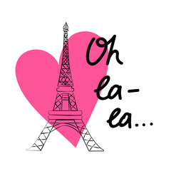 Graphic illustration of Eiffel Tower and pink heart as background. Paris. Symbol of love. Vector. Romantic travel in France