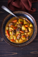 Irish beef and stout stew. View from above, top studio shot