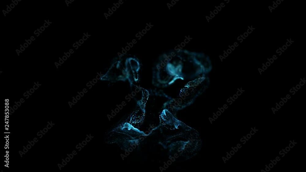 Aufkleber 3d ink effect advection in 4k. glitter in stream of invisible ink in water. 3d render with depth of 