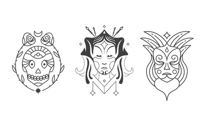 Day of dead with women and skull face with roses. Japanese woman Masks. White background.