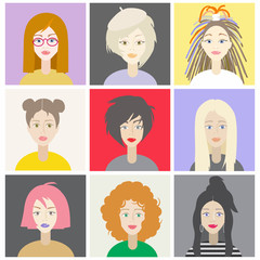 Girls characters set with different hairstyles.Colorful vector illustration.