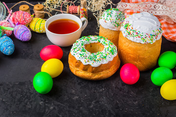 Easter cake and Easter eggs, traditional holiday attributes (Happy Easter!). food background. top view