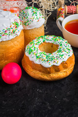 Easter cake and Easter eggs, traditional holiday attributes (Happy Easter!). food background. top view