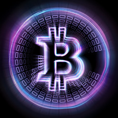 Bitcoin hologram isolated on black background. Cryptocurrency, electronic money, blockchain technology, finance, copy space.