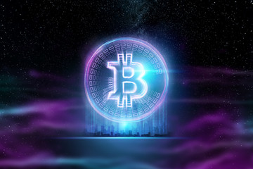 Naklejka na ściany i meble Bitcoin hologram, ultraviolet creative background. Cryptocurrency, electronic money, blockchain technology, finance, copy space.