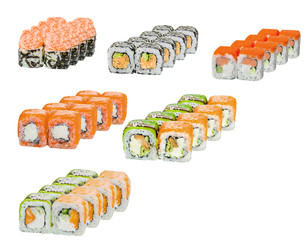 Collection of sushi six different portions of rolls on an isolated white background, rolls with salmon, trout, avocado and various kinds of caviar.