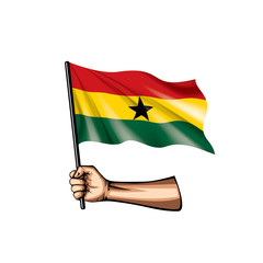 Ghana flag and hand on white background. Vector illustration