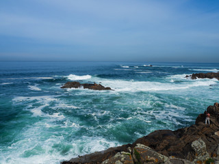 Beautiful sunrise over Rocky ocean beach, Wonderful world Landscape. Portugal, Europe