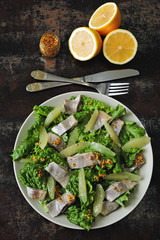 Healthy salad with green leaves, herring and lemon. Herring salad with lemon. Keto diet. Healthy lunch or dinner.